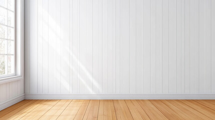 Minimalist room featuring white walls, wooden ceiling, parquet floor, gray striped wallpaper, ideal for showcasing wallpapering ideas.