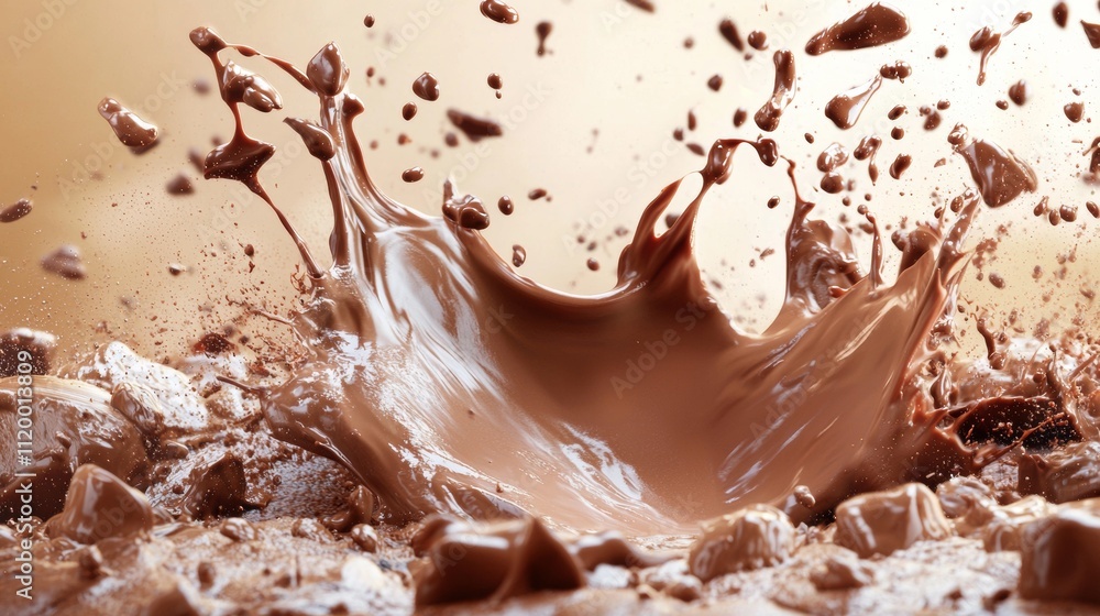 Poster chocolate splash with chunks in dynamic motion