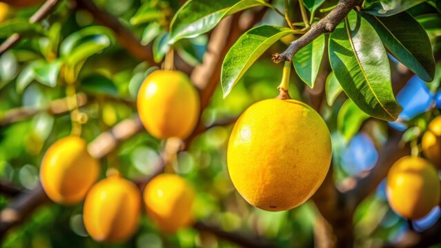 Stunning Portrait of South African Marula Fruit Hanging from a Marula Tree, Capturing Its Unique Yellow Color and Natural Beauty in a Lush Landscape