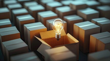 Innovative concept showing a glowing light bulb emerging from a cardboard box among many closed boxes in a creative and thought-provoking setting