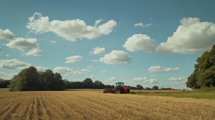 Naklejka premium A Red Tractor in a Golden Field Under a Bright Blue Sky with Fluffy Clouds
