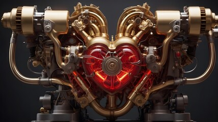 Futuristic Steampunk Heart Engine with Glowing Red Core and Golden Machinery