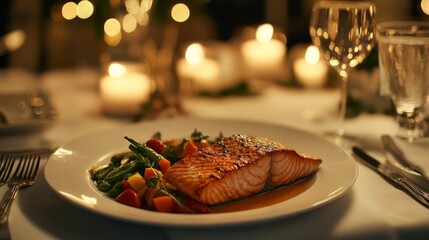Delicious grilled salmon on a plate with colorful vegetables and candlelight ambiance for a romantic dinner.