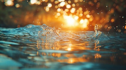 Naklejka premium A close-up of water splashes with a glowing sunset in the background.