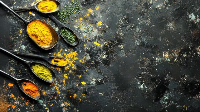 Vibrant collection of spices displayed on a dark textured surface for culinary inspiration and creativity