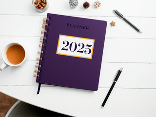 A 2025 planner featuring a vibrant purple cover, designed for organizing schedules and notes effectively.