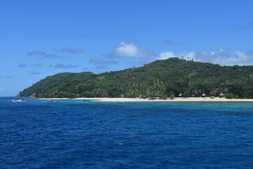 A lush green tropical paradise island with palm trees and white sandy beaches on Fiji in the Pacific Ocean