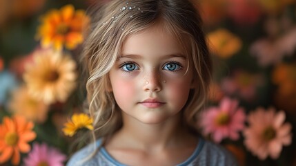Fototapeta premium Serene Portrait of Child Among Colorful Flowers