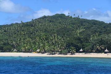 A lush green tropical paradise island with palm trees and white sandy beaches on Fiji in the Pacific Ocean