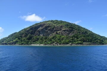 Fototapeta premium A lush green tropical paradise island with palm trees and white sandy beaches on Fiji in the Pacific Ocean