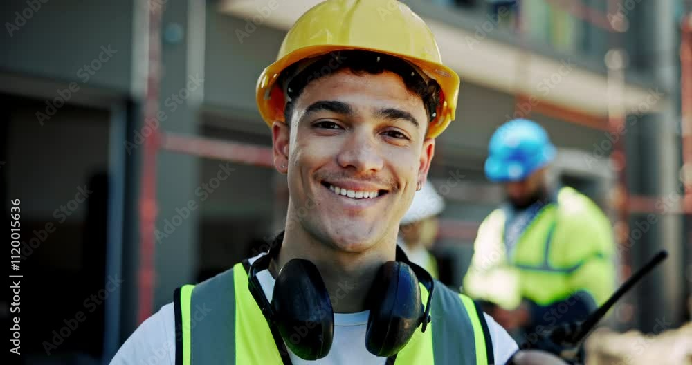 Poster engineering, construction site and man with radio, face and project manager with safety. people, arc