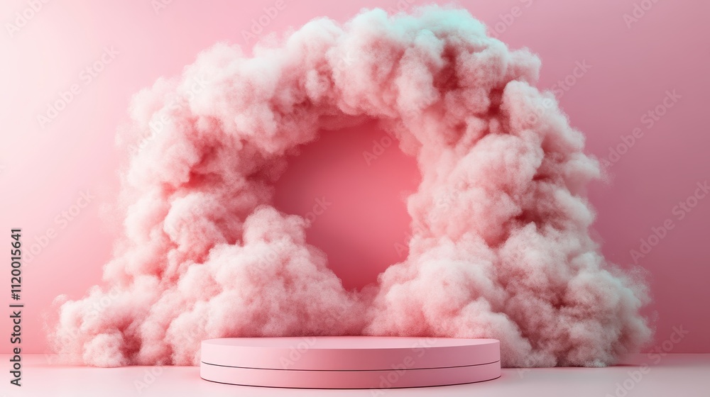 Poster a soft pink circular arch emerges from dense, fluffy clouds, creating a surreal atmosphere, blending