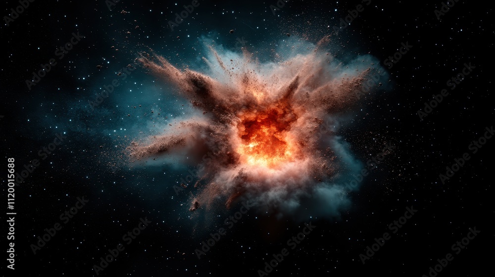 Poster a vivid depiction of a nebula's explosive force within the vast universe, with fiery colors and dyna