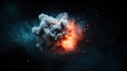 A breathtaking explosion of a nebula in deep space, featuring a dramatic burst with a fiery orange center surrounded by dark clouds and starry elements.