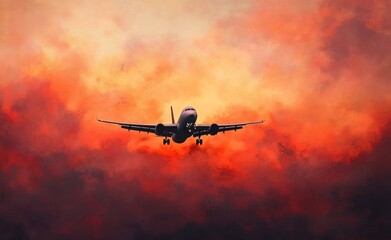 airplane flying against the background of a sunset sky