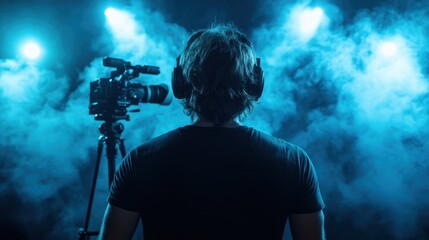 Fototapeta premium A creative filmmaker stands with headphones next to a professional camera, enveloped in a mysterious blue fog, capturing the constant pursuit of artistry and innovation.
