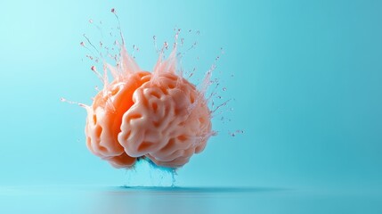 A vivid orange brain is depicted bursting with liquid against a bright blue background, symbolizing creativity explosion and vibrant thought processes.