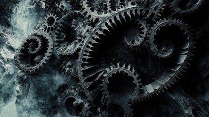 A close-up of intricate gears and machinery, conveying a sense of industrial complexity.