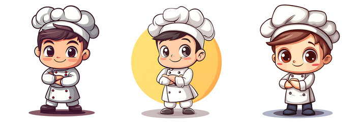 Fototapeta premium Adorable Cartoon Chefs: Three Little Culinary Masters in White Hats and Aprons