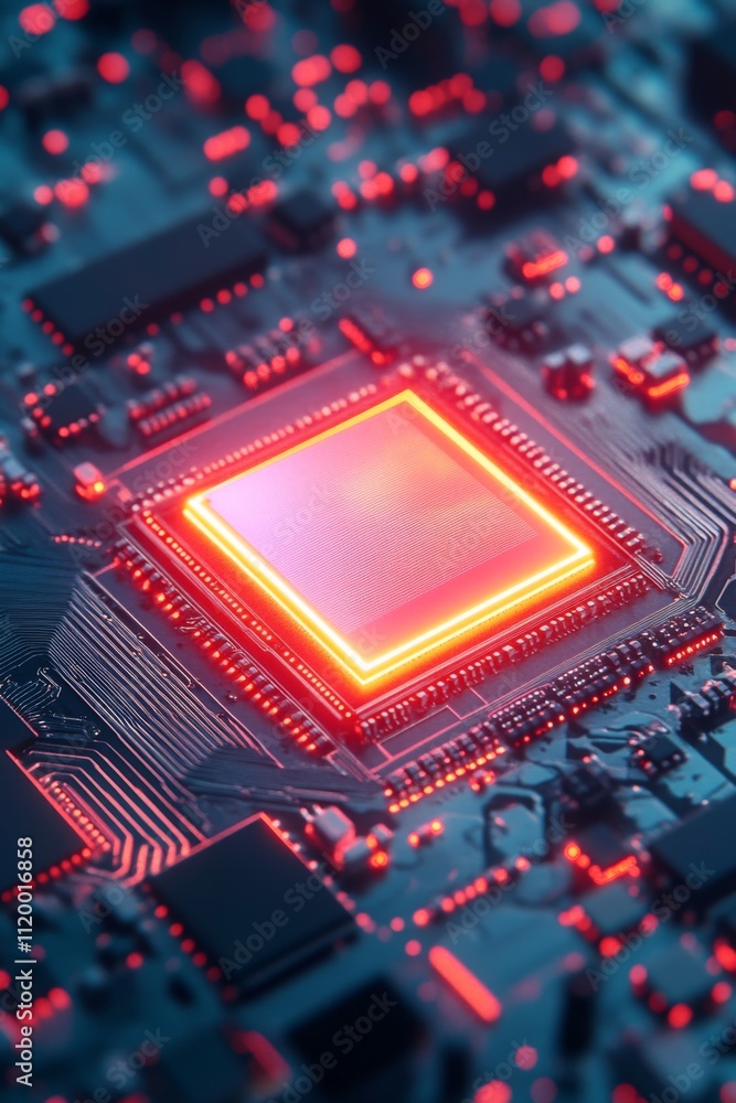 Poster closeup of a glowing computer chip on a circuit board, showcasing intricate technological details an