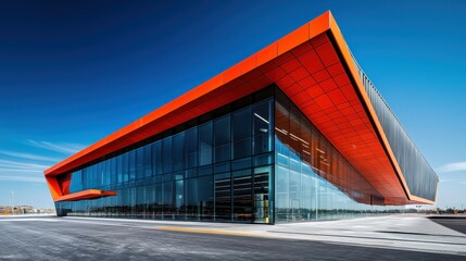 Obraz premium Futuristic Modern Building with Orange Overhang and Glass Facade in Urban Landscape