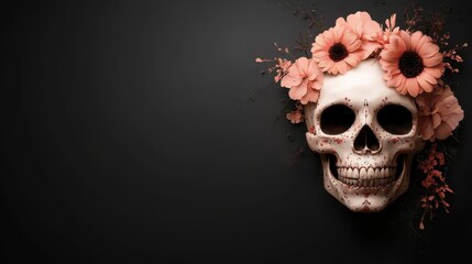This image features a beautifully adorned skull with pink flowers, set against a stark black background, combining themes of elegance with mortality.