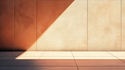 Peach colored concrete wall with a light from a window. Empty room minimalistic design with beige wall and floor. Blank copy space mock up for designers. Empty showroom