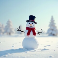 Obraz premium Snowman in a Snowy Field with Red Scarf and Black Top Hat Under a Bright Clear Sky