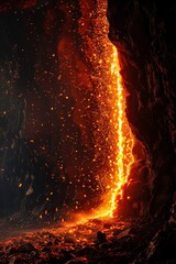 Molten Metal Flowing Through Dark Cave Hot Lava Stream Fiery Furnace