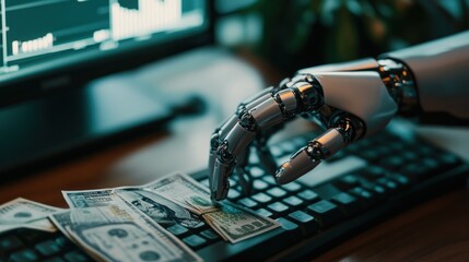 A robotic hand reaches for cash on a keyboard, symbolizing technology's impact on finance.