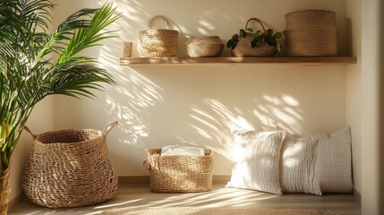 Cozy interior with woven baskets and cushions in sunlit corner.