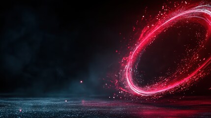 A swirling red neon hoop creates a dynamic focal point amidst a vibrant, misty expanse, suggesting motion and energy in an abstract digital realm.