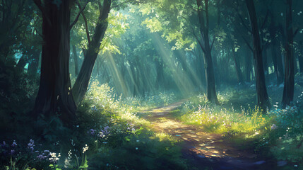 Obraz premium tranquil forest path with dappled sunlight filtering through trees
