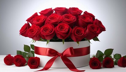 flowers as a gift a large bouquet of red roses in a white box with a red ribbon on a white background