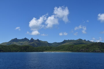 A lush green tropical paradise island with palm trees and white sandy beaches on Fiji in the...