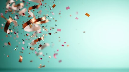 A lively and festive scene with colorful confetti and swirling ribbons on an energetic teal background, symbolizing celebration and joyful moments.