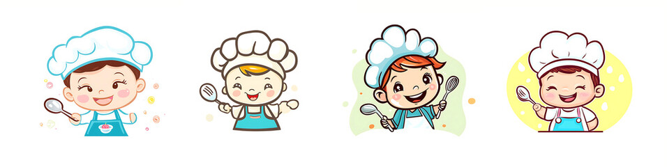Obraz premium Adorable Little Chefs Cartoon Illustration: Four Cute Kids in Chef Hats Holding Spoons, Ready to Cook Delicious Meals