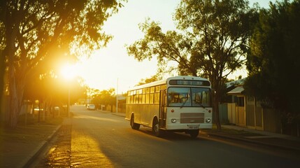Obraz premium A vintage bus parked on a quiet street during sunset, surrounded by trees and houses.