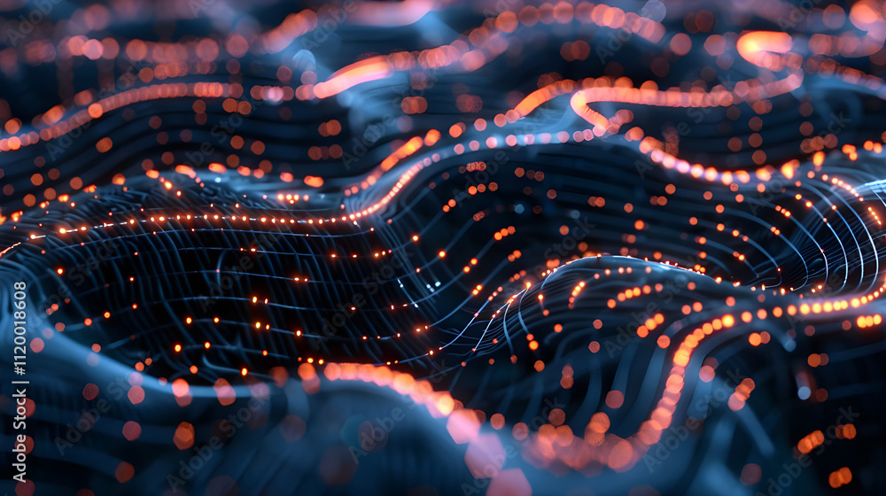 Poster abstract digital wave with glowing particles and lines.