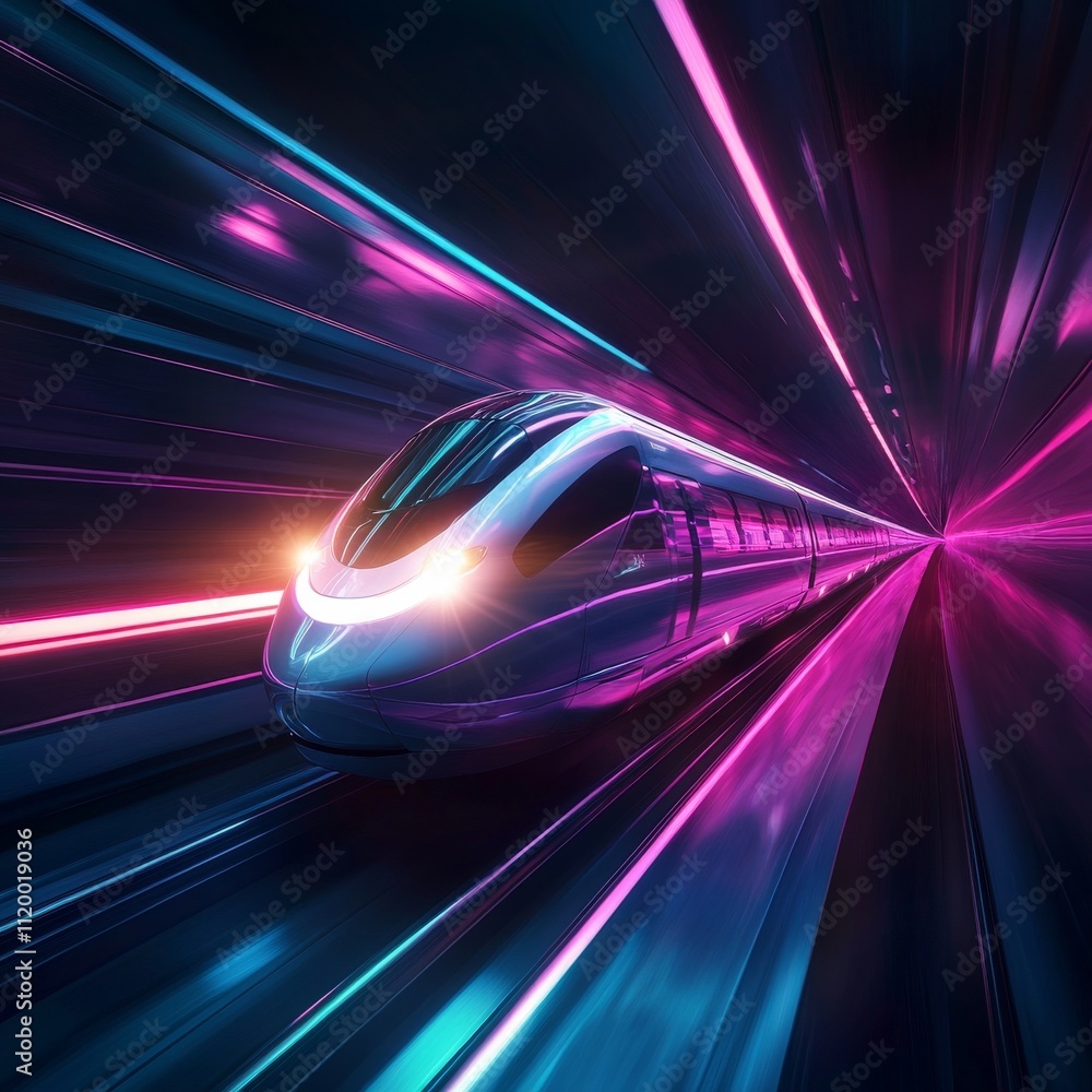 Fototapete Fast modern express passenger train no high speed railway in hyperloop moving from flash light. Futuristic technology, hi tech future digital transport, hyperloop concept. Low pole 3d abstract