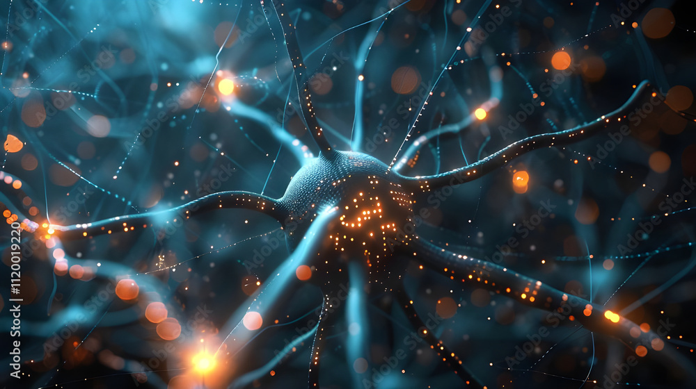 Poster microscopic view of a neuron with glowing synapses.