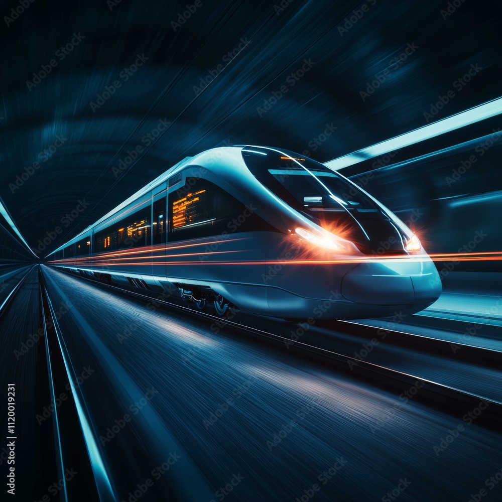 Poster Fast modern express passenger train no high speed railway in hyperloop moving from flash light. Futuristic technology, hi tech future digital transport, hyperloop concept. Low pole 3d abstract