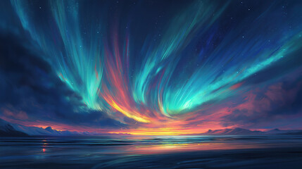 Majestic Aurora Borealis over a Mountainous Coastline. A stunning digital painting showcasing a breathtaking aurora borealis display over a dramatic mountainous coastline at night.