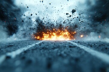 A dramatic explosion with debris and flames on a road, creating a chaotic scene.
