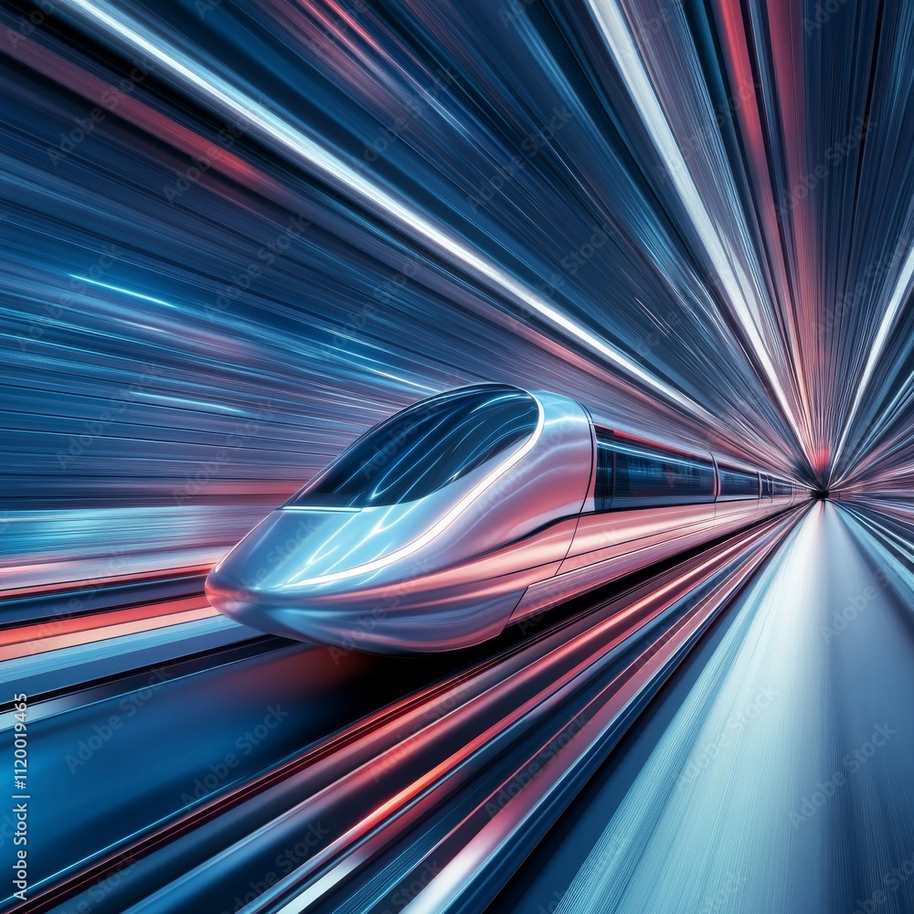 Poster Fast modern express passenger train no high speed railway in hyperloop moving from flash light. Futuristic technology, hi tech future digital transport, hyperloop concept. Low pole 3d abstract