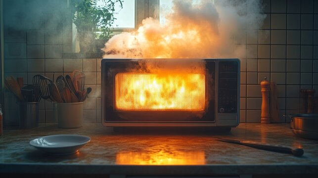 Kitchen microwave fire hazard with smoke and flames in home setting