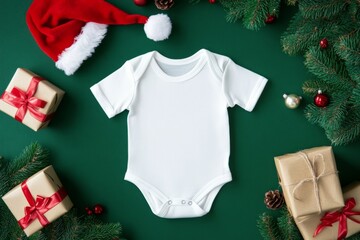 White Baby onesie on Winter Holiday Festive Background. Fashion newborn clothes. Flat lay, top view. Baby kids soft organic cotton clothing. Infant trendy bodysuit for product promo. Gender neutral.