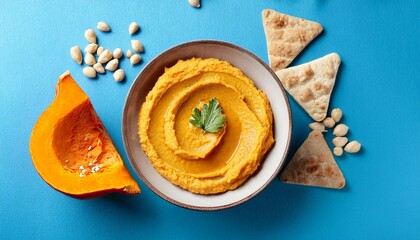 pumpkin hummus in bowl on blue background