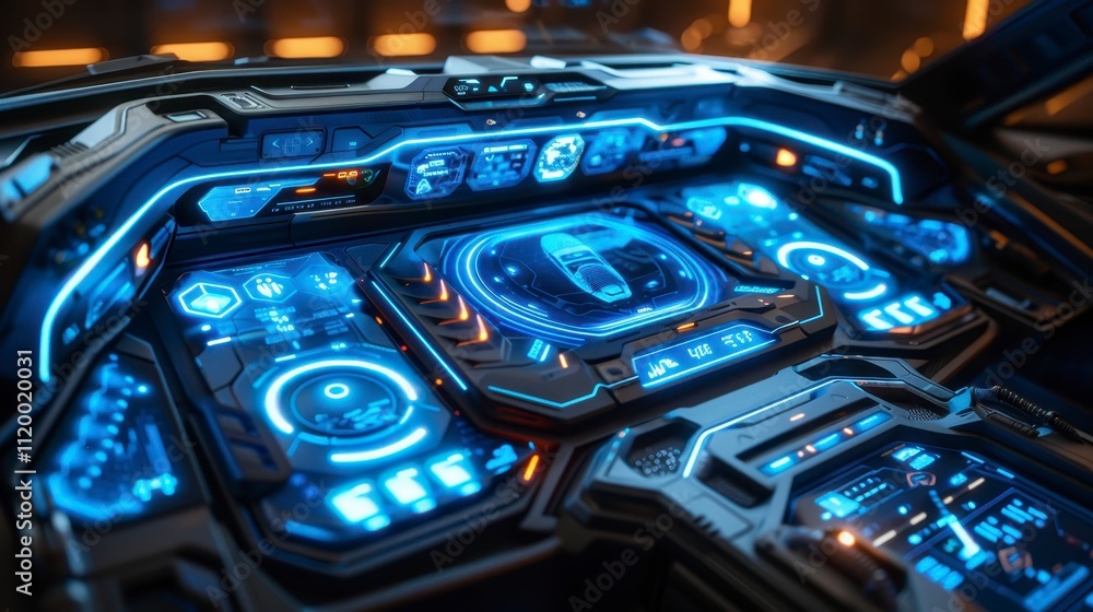Poster futuristic spaceship cockpit control panel sci fi interface design