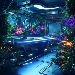 Futuristic Train Cabin with Lush Floral Interior in Sci-Fi Atmosphere